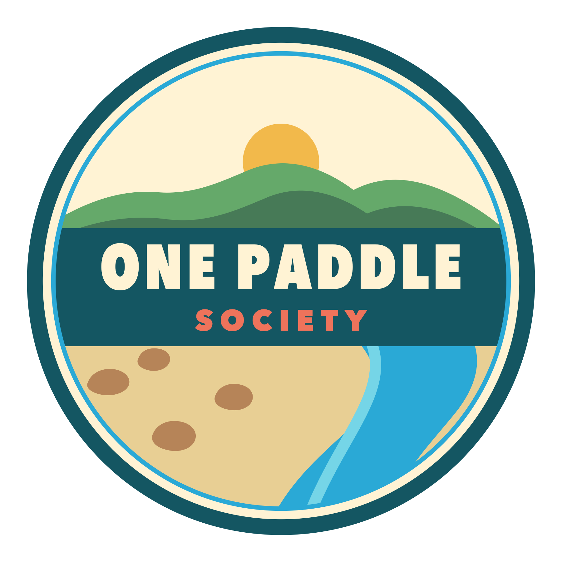 One Paddle Society seal featuring the river, hills, and sun